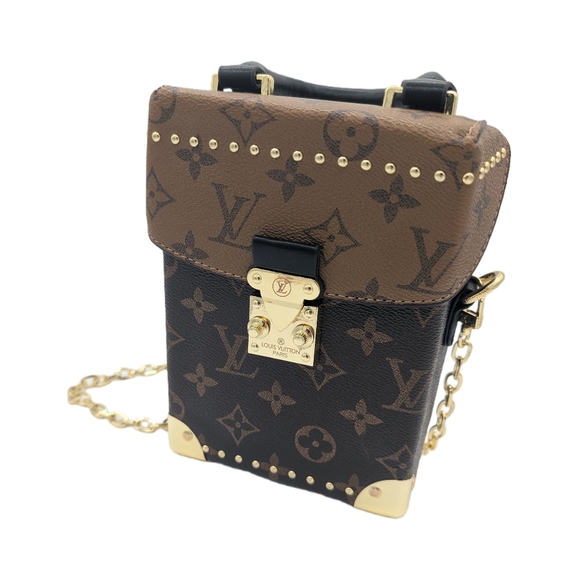 Source Unknown Handbags - Luxury Structured Trunk-Style Bag | Brown Monogram Look | Gold-Tone Hardware